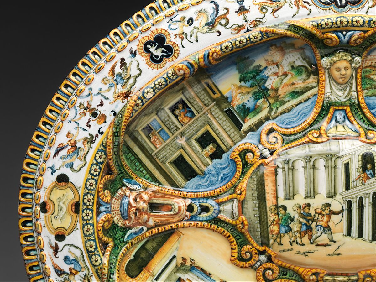 Oval basin or dish with subject from Amadis of Gaul, Workshop of Orazio Fontana (Italian, Urbino, ca. 1510–1576), Maiolica (tin-glazed earthenware), Italian, Urbino or possibly Turin