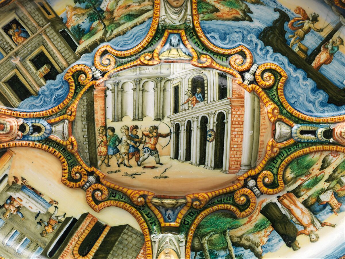 Oval basin or dish with subject from Amadis of Gaul, Workshop of Orazio Fontana (Italian, Urbino, ca. 1510–1576), Maiolica (tin-glazed earthenware), Italian, Urbino or possibly Turin