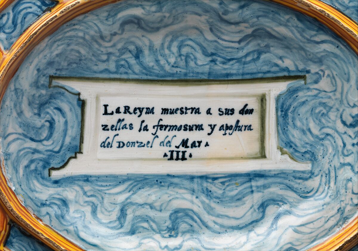 Oval basin or dish with subject from Amadis of Gaul, Workshop of Orazio Fontana (Italian, Urbino, ca. 1510–1576), Maiolica (tin-glazed earthenware), Italian, Urbino or possibly Turin