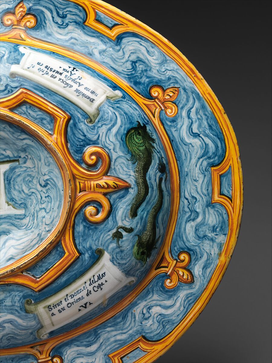 Oval basin or dish with subject from Amadis of Gaul, Workshop of Orazio Fontana (Italian, Urbino, ca. 1510–1576), Maiolica (tin-glazed earthenware), Italian, Urbino or possibly Turin