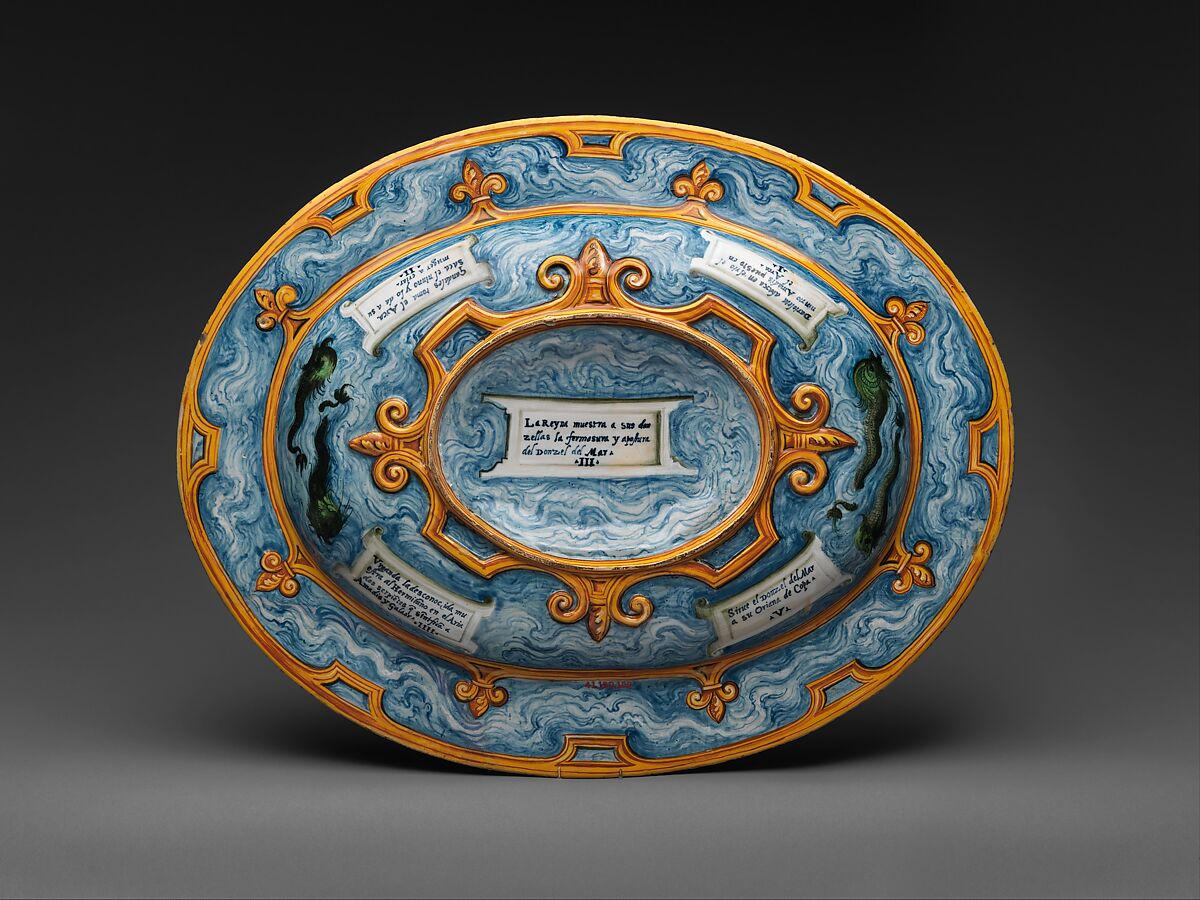 Oval basin or dish with subject from Amadis of Gaul, Workshop of Orazio Fontana (Italian, Urbino, ca. 1510–1576), Maiolica (tin-glazed earthenware), Italian, Urbino or possibly Turin