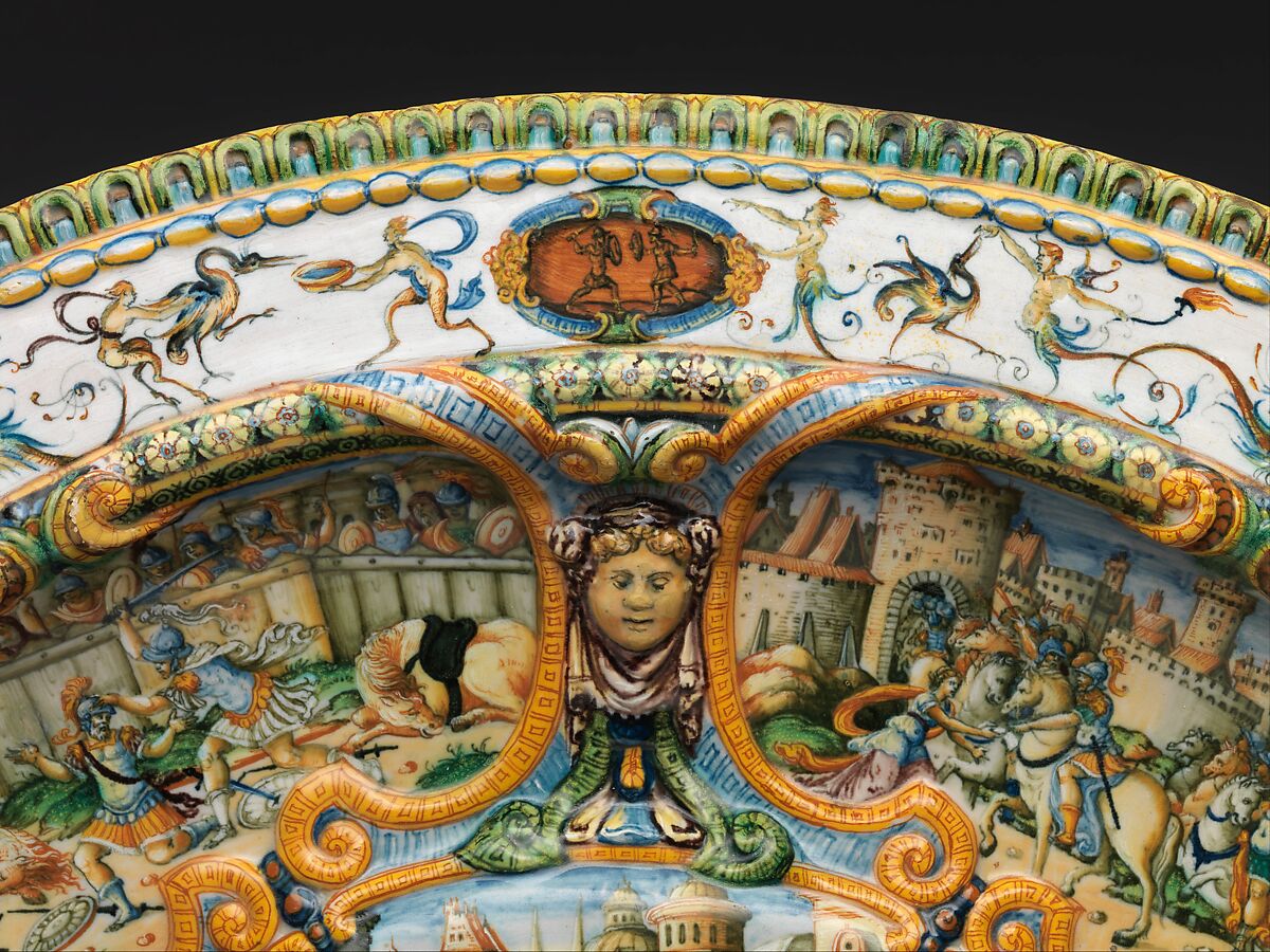 Oval basin or dish with subject from Amadis of Gaul, Workshop of Orazio Fontana (Italian, Urbino, ca. 1510–1576), Maiolica (tin-glazed earthenware), Italian, Urbino or possibly Turin