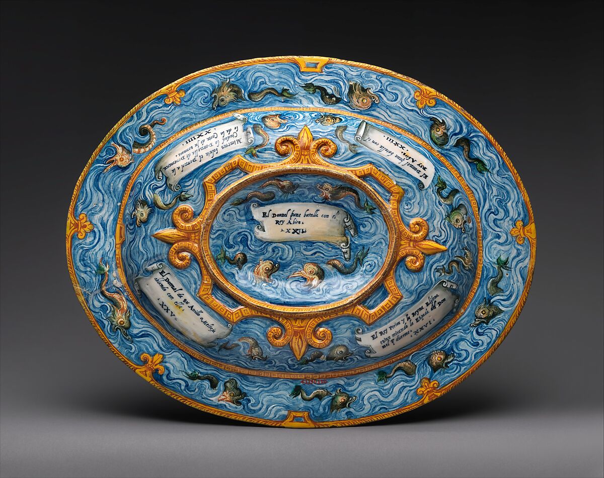 Oval basin or dish with subject from Amadis of Gaul, Workshop of Orazio Fontana (Italian, Urbino, ca. 1510–1576), Maiolica (tin-glazed earthenware), Italian, Urbino or possibly Turin
