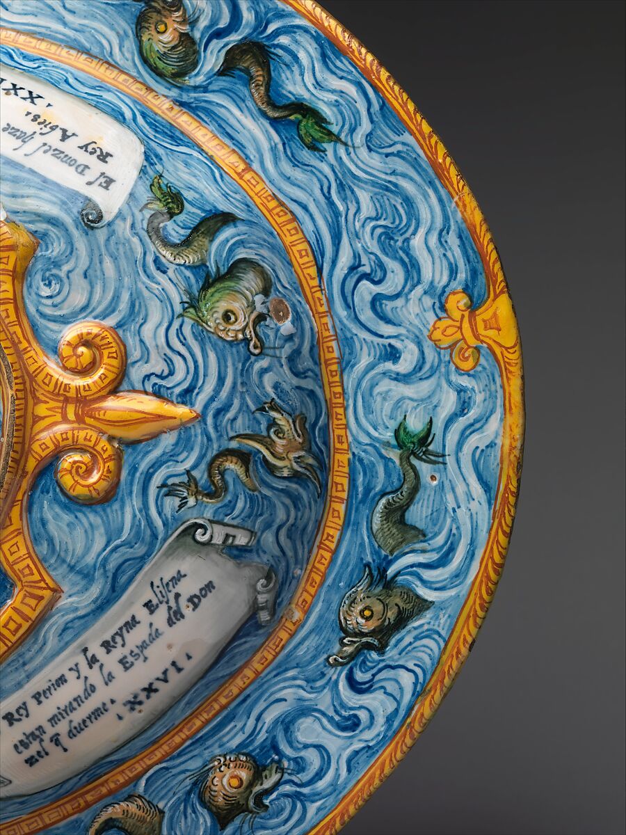 Oval basin or dish with subject from Amadis of Gaul, Workshop of Orazio Fontana (Italian, Urbino, ca. 1510–1576), Maiolica (tin-glazed earthenware), Italian, Urbino or possibly Turin