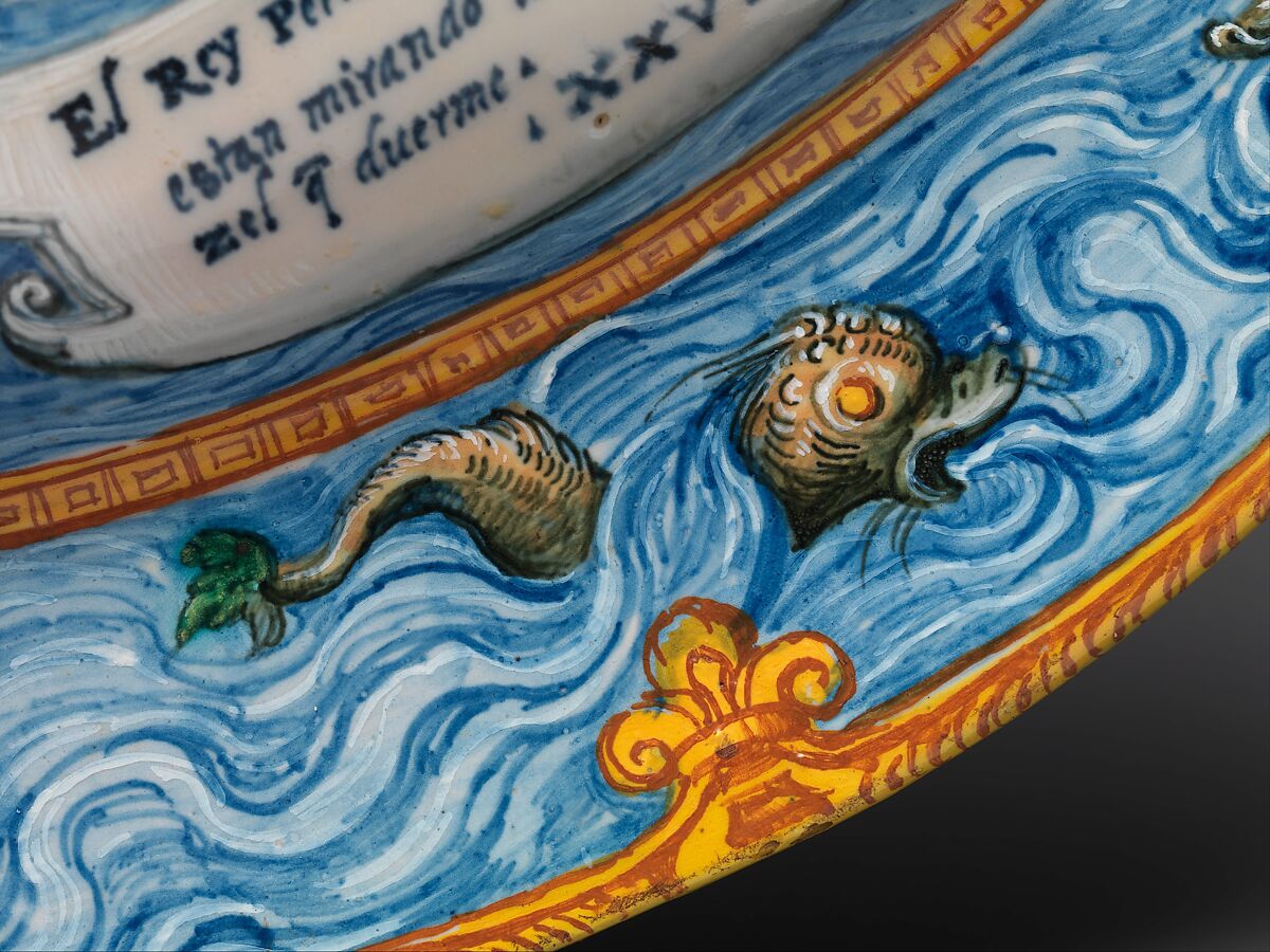 Oval basin or dish with subject from Amadis of Gaul, Workshop of Orazio Fontana (Italian, Urbino, ca. 1510–1576), Maiolica (tin-glazed earthenware), Italian, Urbino or possibly Turin