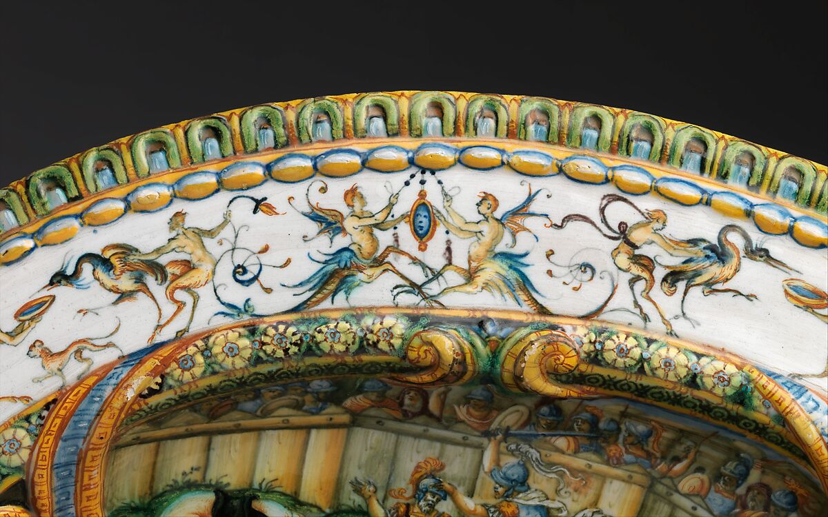 Oval basin or dish with subject from Amadis of Gaul, Workshop of Orazio Fontana (Italian, Urbino, ca. 1510–1576), Maiolica (tin-glazed earthenware), Italian, Urbino or possibly Turin