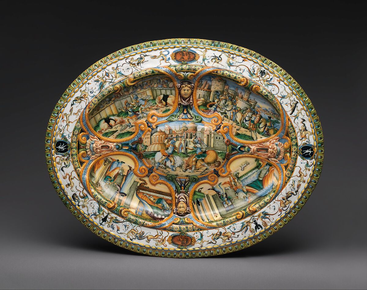 Oval basin or dish with subject from Amadis of Gaul, Workshop of Orazio Fontana (Italian, Urbino, ca. 1510–1576), Maiolica (tin-glazed earthenware), Italian, Urbino or possibly Turin 