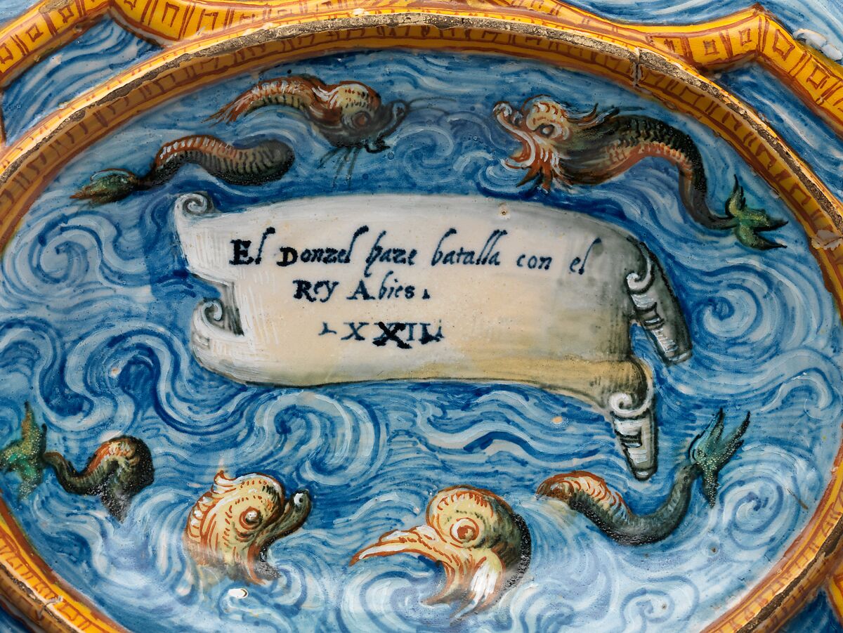 Oval basin or dish with subject from Amadis of Gaul, Workshop of Orazio Fontana (Italian, Urbino, ca. 1510–1576), Maiolica (tin-glazed earthenware), Italian, Urbino or possibly Turin