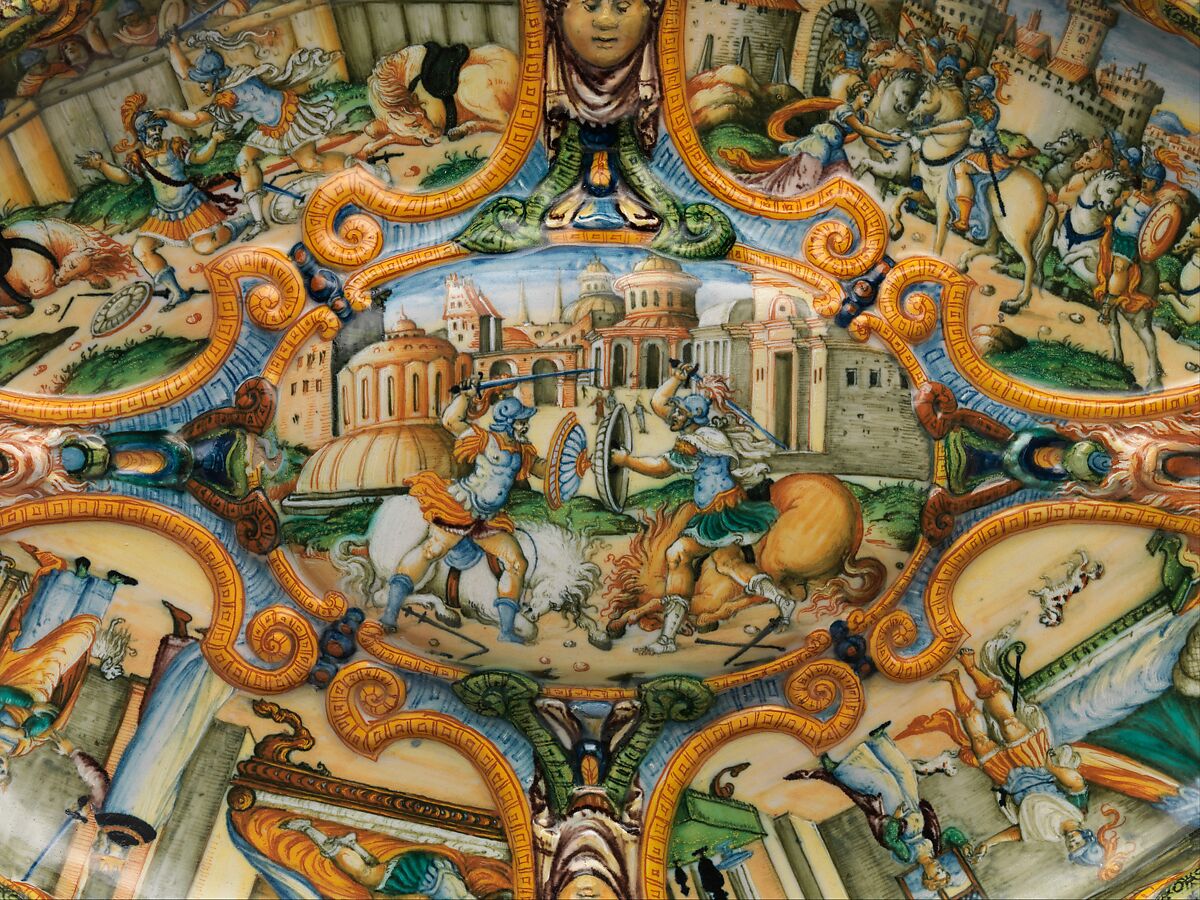 Oval basin or dish with subject from Amadis of Gaul, Workshop of Orazio Fontana (Italian, Urbino, ca. 1510–1576), Maiolica (tin-glazed earthenware), Italian, Urbino or possibly Turin