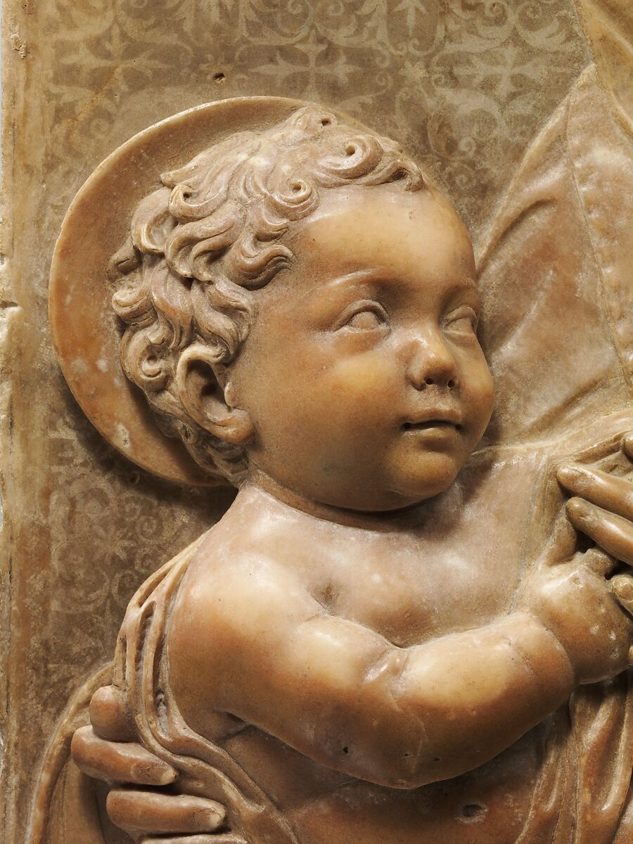 Madonna and Child, Benedetto da Maiano (Italian, Maiano 1442–1497 Florence), Marble, painted background, Italian, Florence
