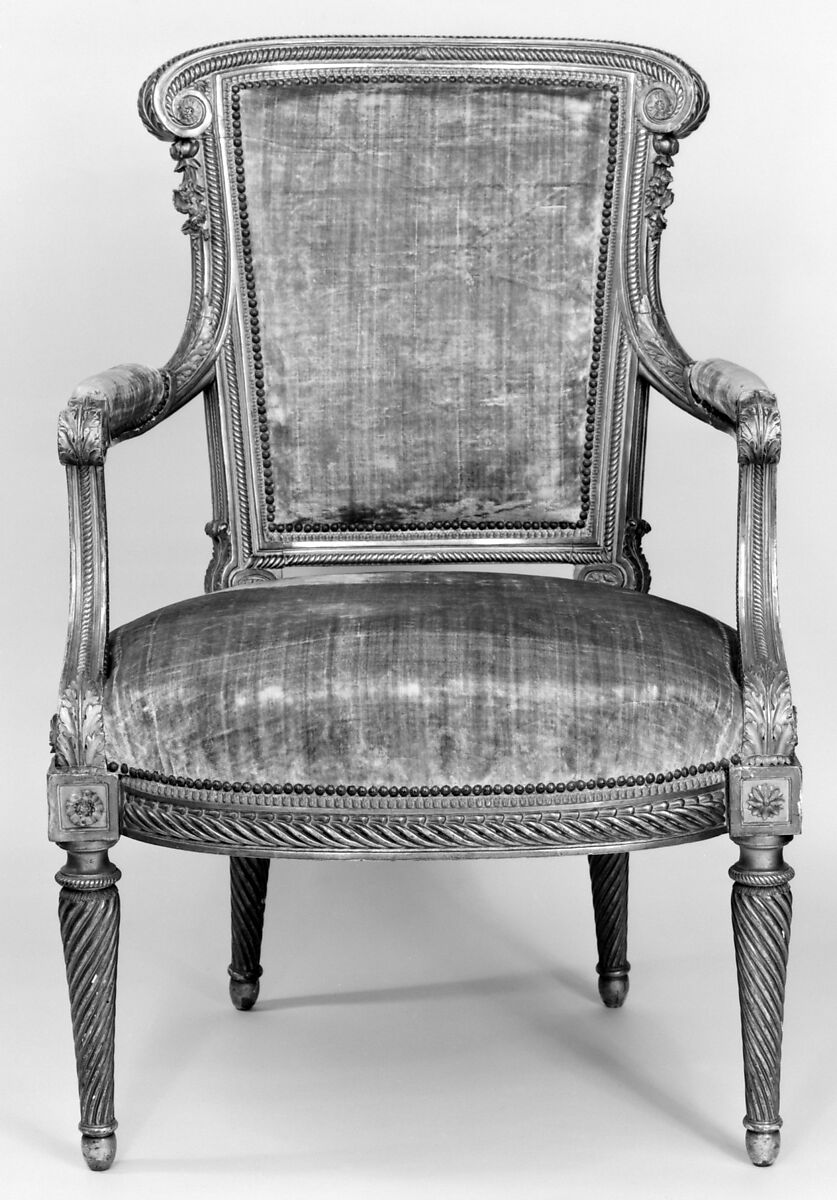 Armchair (part of a set), Georges Jacob (French, Cheny 1739–1814 Paris), Carved and gilded walnut; velvet, French, Paris