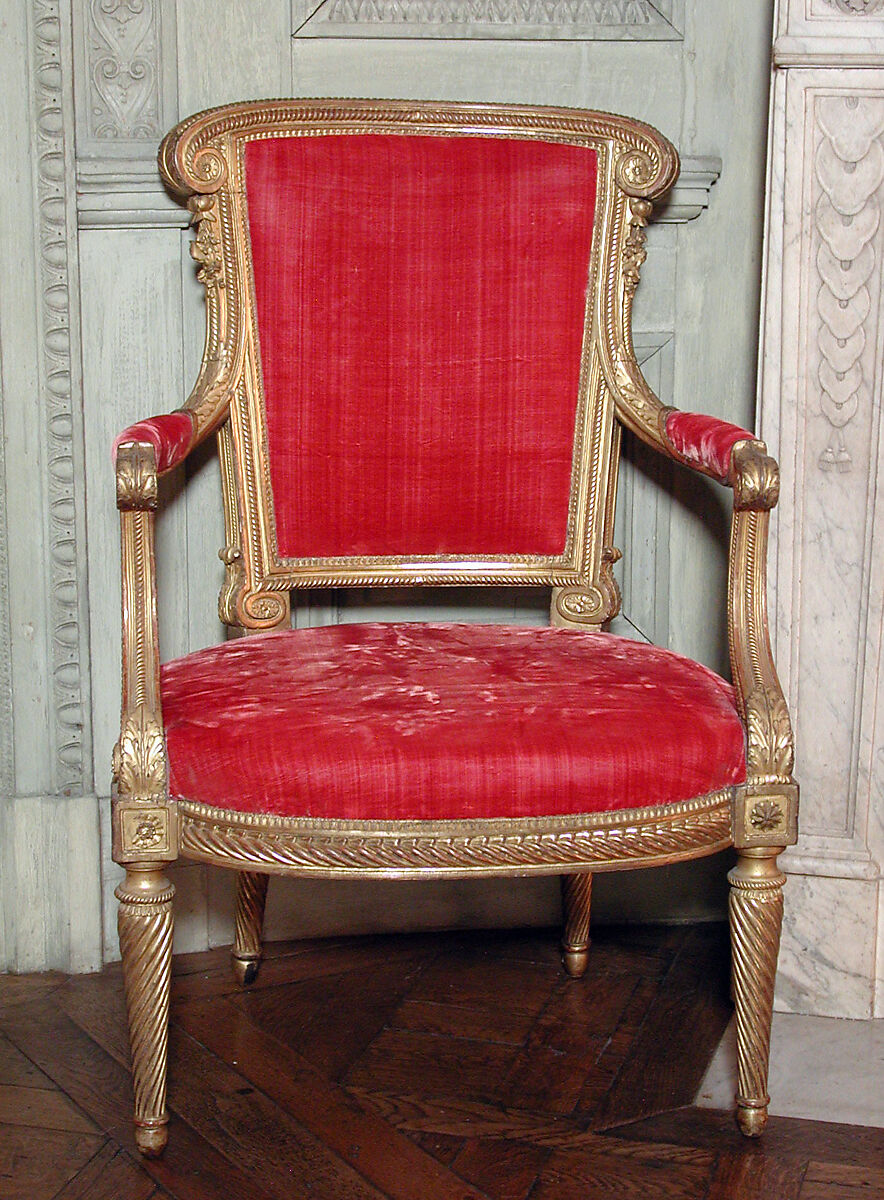 Armchair (part of a set), Georges Jacob (French, Cheny 1739–1814 Paris), Carved and gilded walnut; velvet, French, Paris 