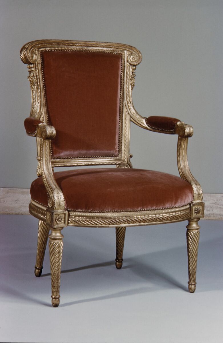 Armchair (part of a set), Georges Jacob (French, Cheny 1739–1814 Paris), Carved and gilded walnut; velvet, French, Paris