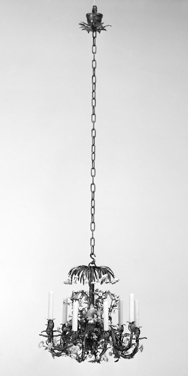 Chandelier, Brass, water-gilt (?), porcelain, possibly French