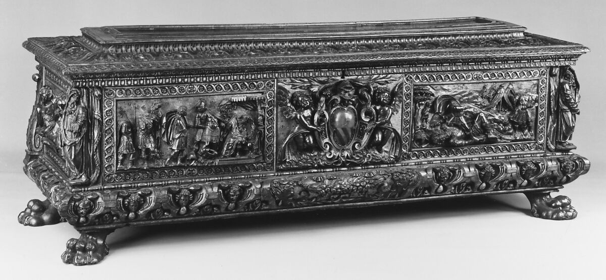 Marriage chest (cassone) with scenes from the story of David and Goliath, Walnut, partly gilded, Italian, Rome 
