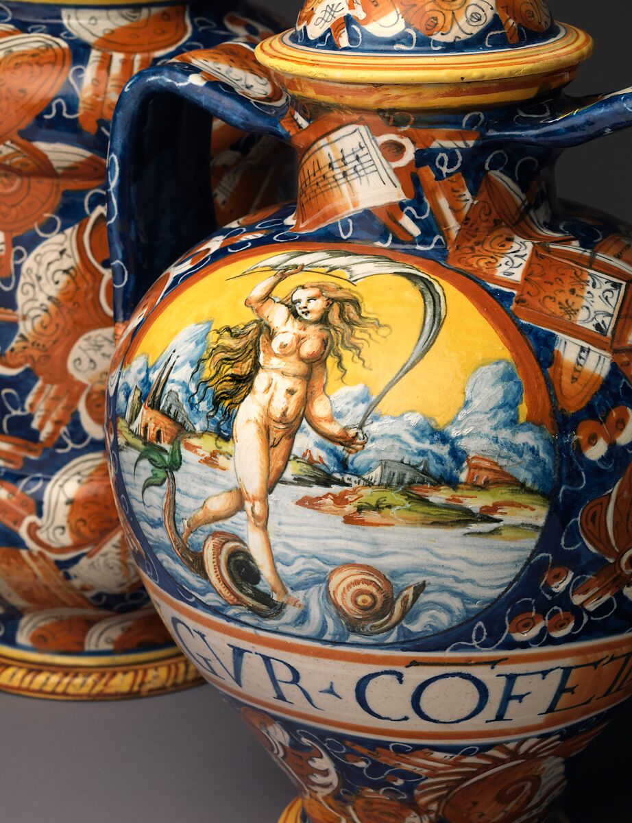 Lidded pharmacy jar with the personification of Fortuna, Maiolica (tin-glazed earthenware), Italian, probably Pesaro