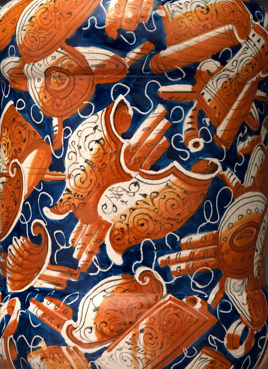 Lidded pharmacy jar with the personification of Fortuna, Maiolica (tin-glazed earthenware), Italian, probably Pesaro