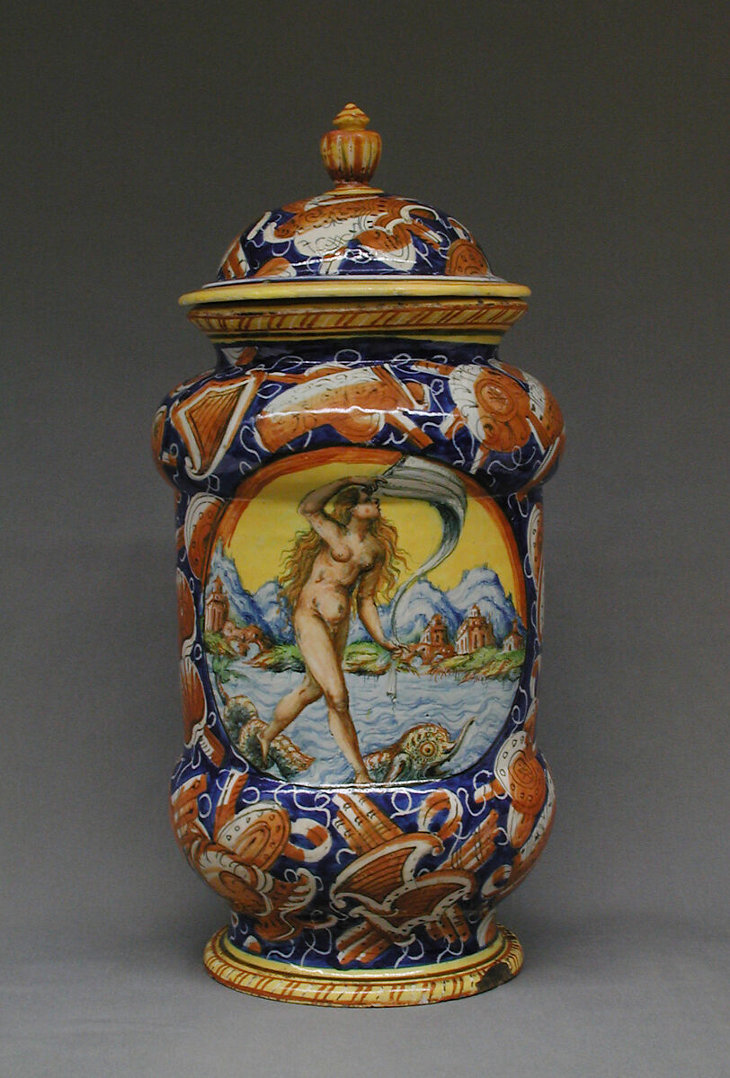 Lidded pharmacy jar with the personification of Fortuna, Maiolica (tin-glazed earthenware), Italian, probably Pesaro 