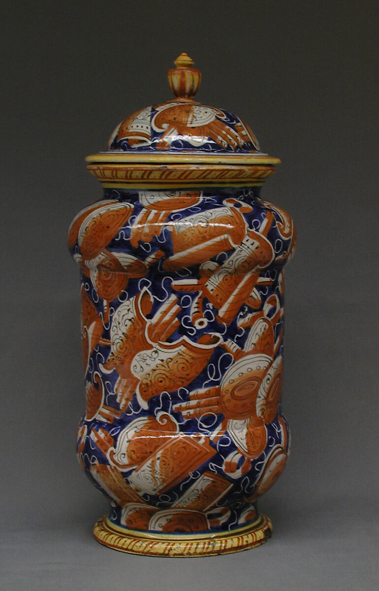 Lidded pharmacy jar with the personification of Fortuna, Maiolica (tin-glazed earthenware), Italian, probably Pesaro