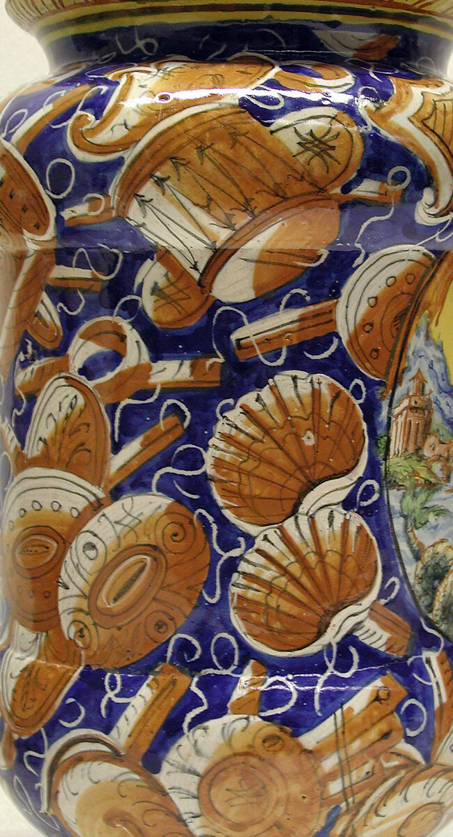 Lidded pharmacy jar with the personification of Fortuna, Maiolica (tin-glazed earthenware), Italian, probably Pesaro