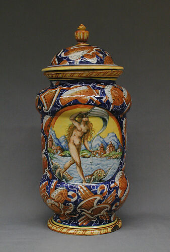 Lidded pharmacy jar with the personification of Fortuna