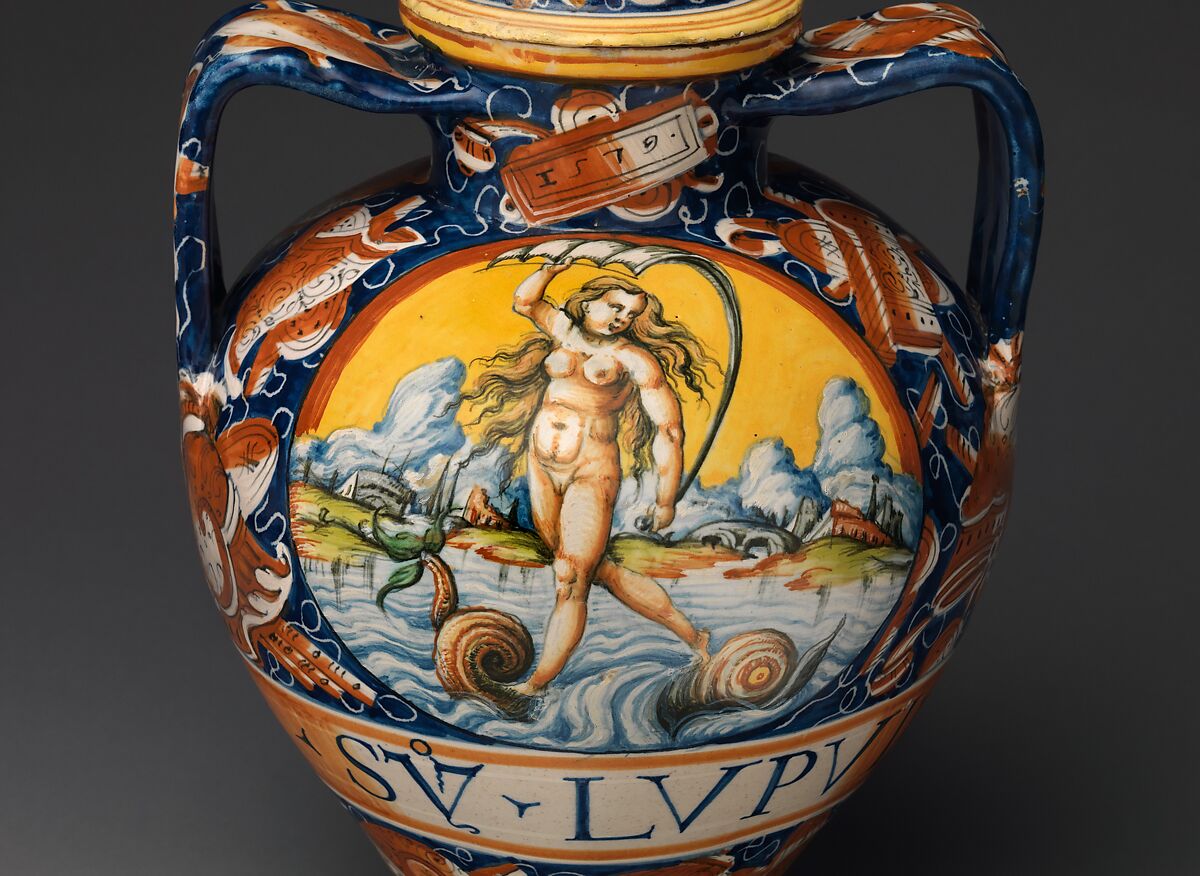 Lidded pharmacy jar with the personification of Fortuna, Maiolica (tin-glazed earthenware), Italian, probably Pesaro
