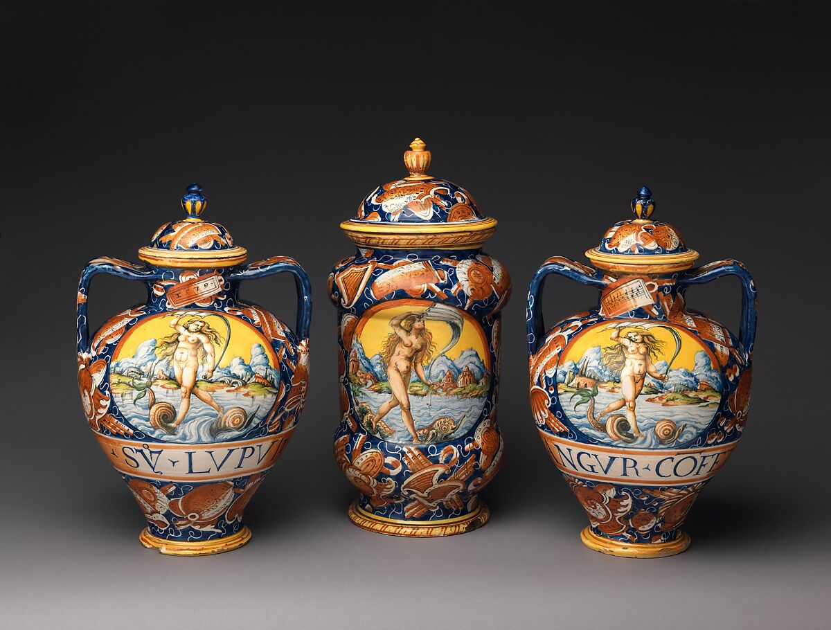 Lidded pharmacy jar with the personification of Fortuna, Maiolica (tin-glazed earthenware), Italian, probably Pesaro