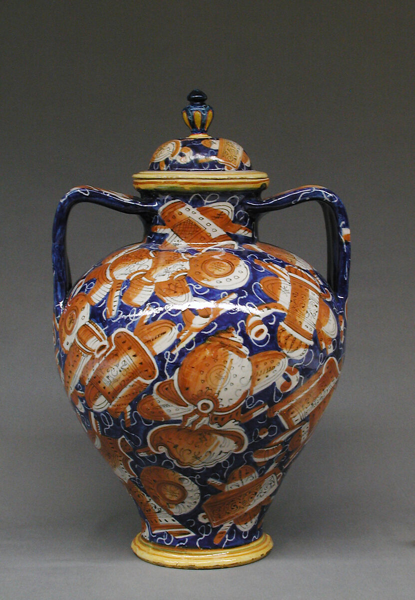 Lidded pharmacy jar with the personification of Fortuna, Maiolica (tin-glazed earthenware), Italian, probably Pesaro