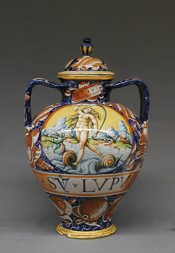 Lidded pharmacy jar with the personification of Fortuna