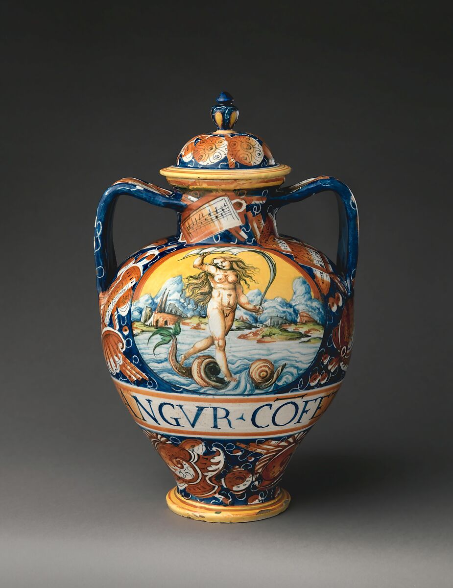 Lidded pharmacy jar with the personification of Fortuna, Maiolica (tin-glazed earthenware), Italian, probably Pesaro 