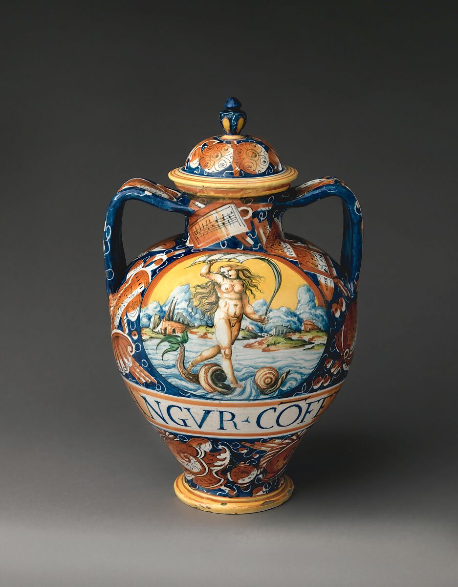 Lidded pharmacy jar with the personification of Fortuna, Maiolica (tin-glazed earthenware), Italian, probably Pesaro