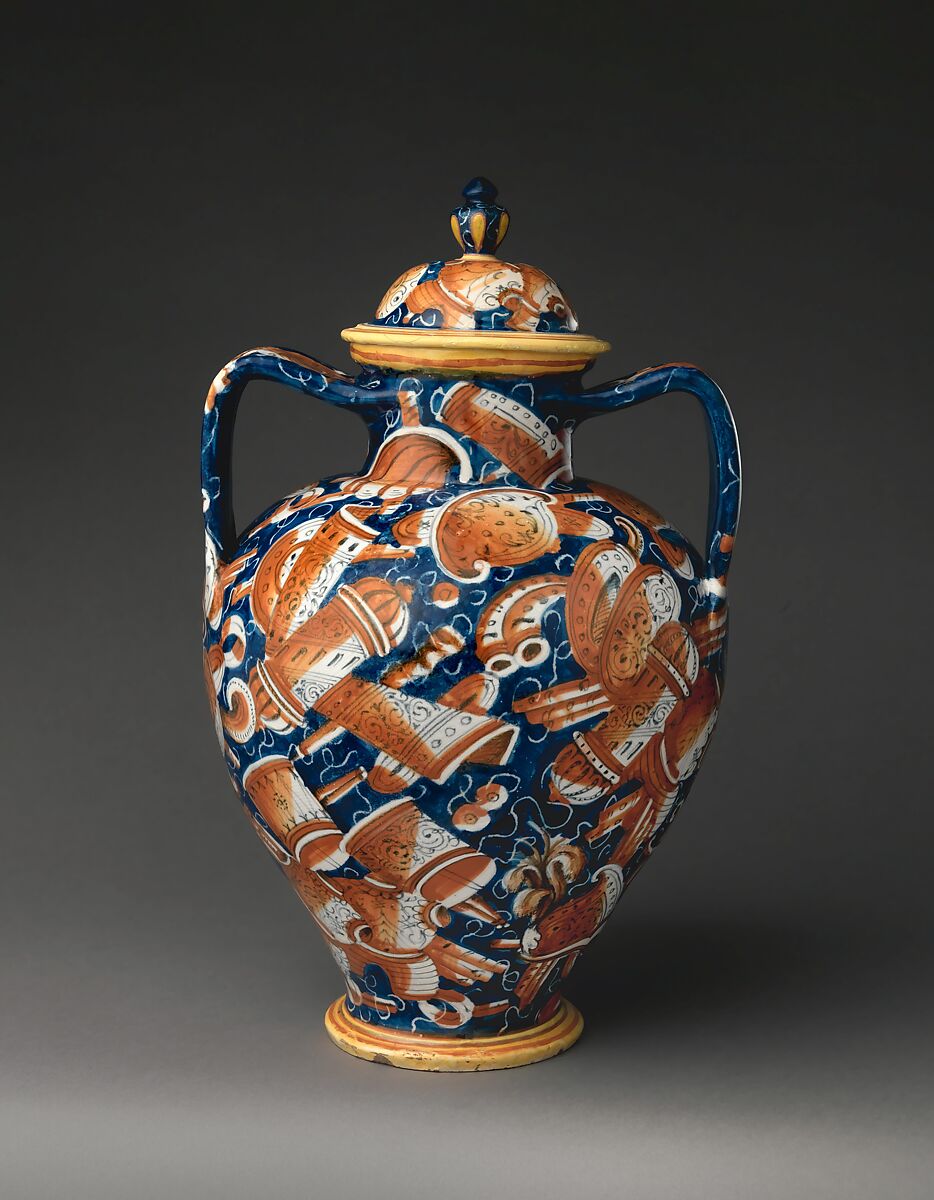 Lidded pharmacy jar with the personification of Fortuna, Maiolica (tin-glazed earthenware), Italian, probably Pesaro