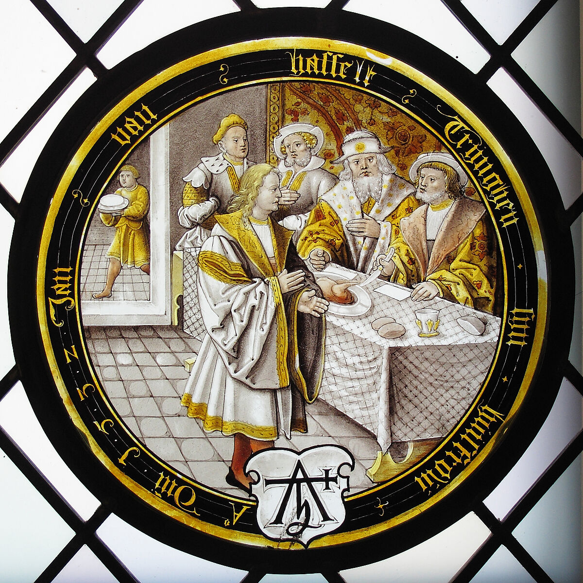 The Prodigal is Banqueted (one of eight scenes from the story of the Prodigal Son), Colorless glass, vitreous paint and silver stain, German