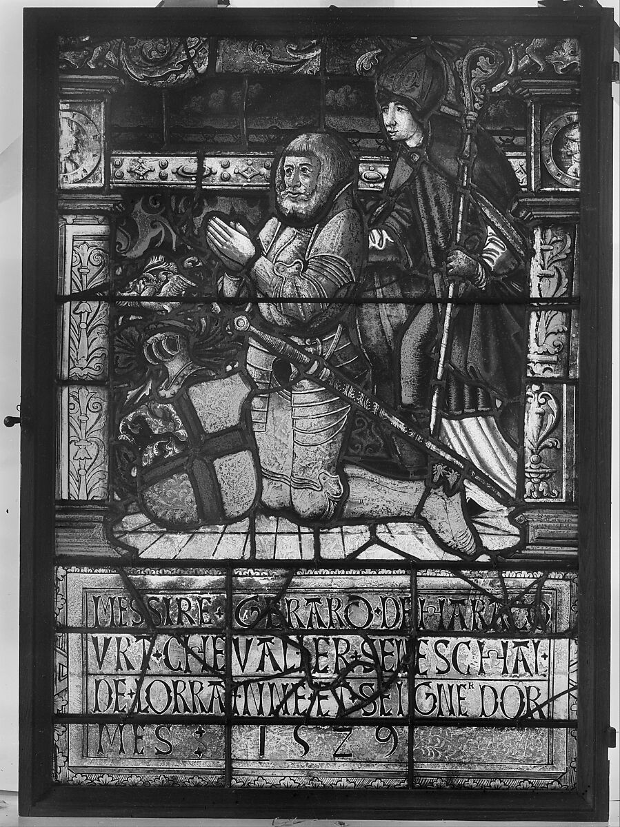 Saint Gerard with Gérard de Haraucourt (one of a set of four), Colored, stained, and enameled glass, French, Lorraine