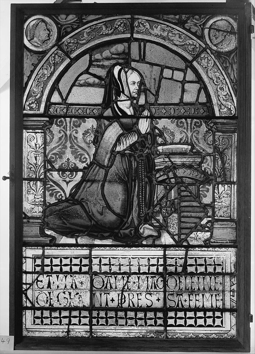 Madeleine de Grandpré as donor (one of a set of four), Colored, stained, and enameled glass, French, Lorraine