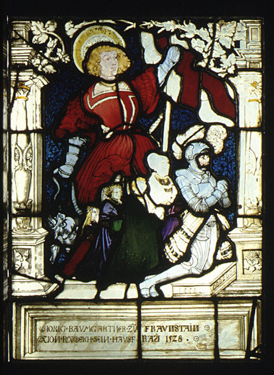 St. George standing behind kneeling donor, Jorig Baumgartner, and his family (one of a pair), Painted by Hans Wertinger (German, Landschut ca. 1465–1533 Landshut), Stained glass, German 