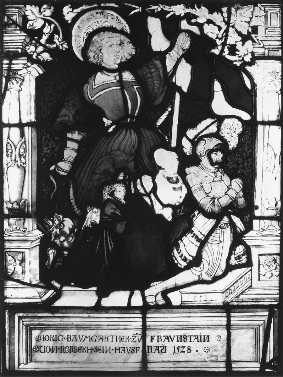 St. George standing behind kneeling donor, Jorig Baumgartner, and his family (one of a pair), Painted by Hans Wertinger (German, Landschut ca. 1465–1533 Landshut), Stained glass, German