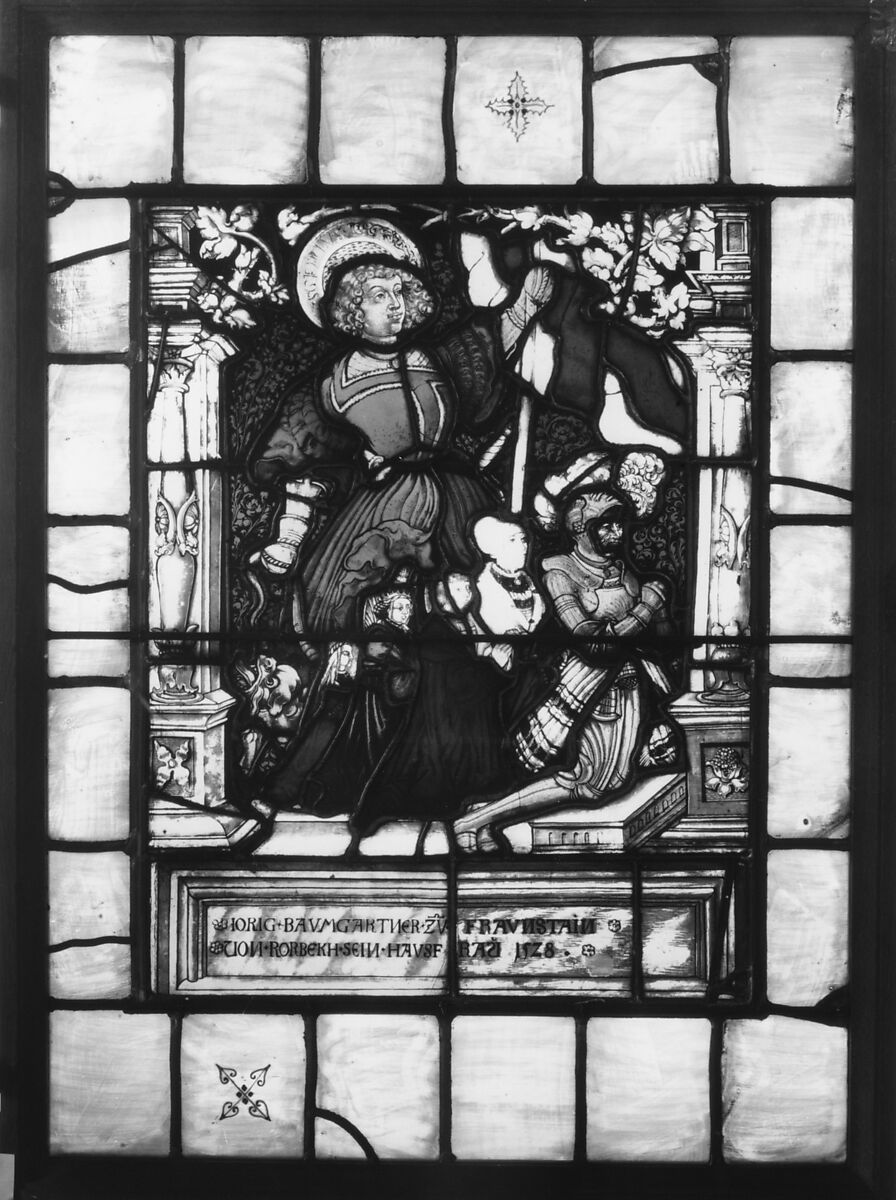 St. George standing behind kneeling donor, Jorig Baumgartner, and his family (one of a pair), Painted by Hans Wertinger (German, Landschut ca. 1465–1533 Landshut), Stained glass, German