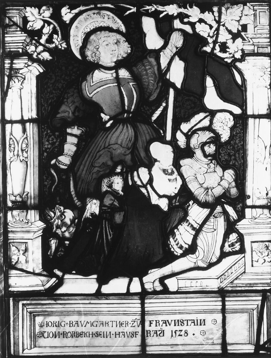 St. George standing behind kneeling donor, Jorig Baumgartner, and his family (one of a pair), Painted by Hans Wertinger (German, Landschut ca. 1465–1533 Landshut), Stained glass, German