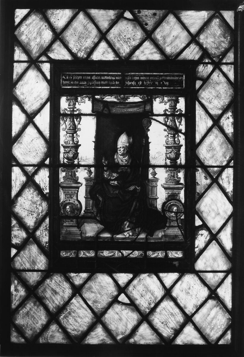 Panel depicting a seated bishop, Stained glass, Flemish, possibly Antwerp