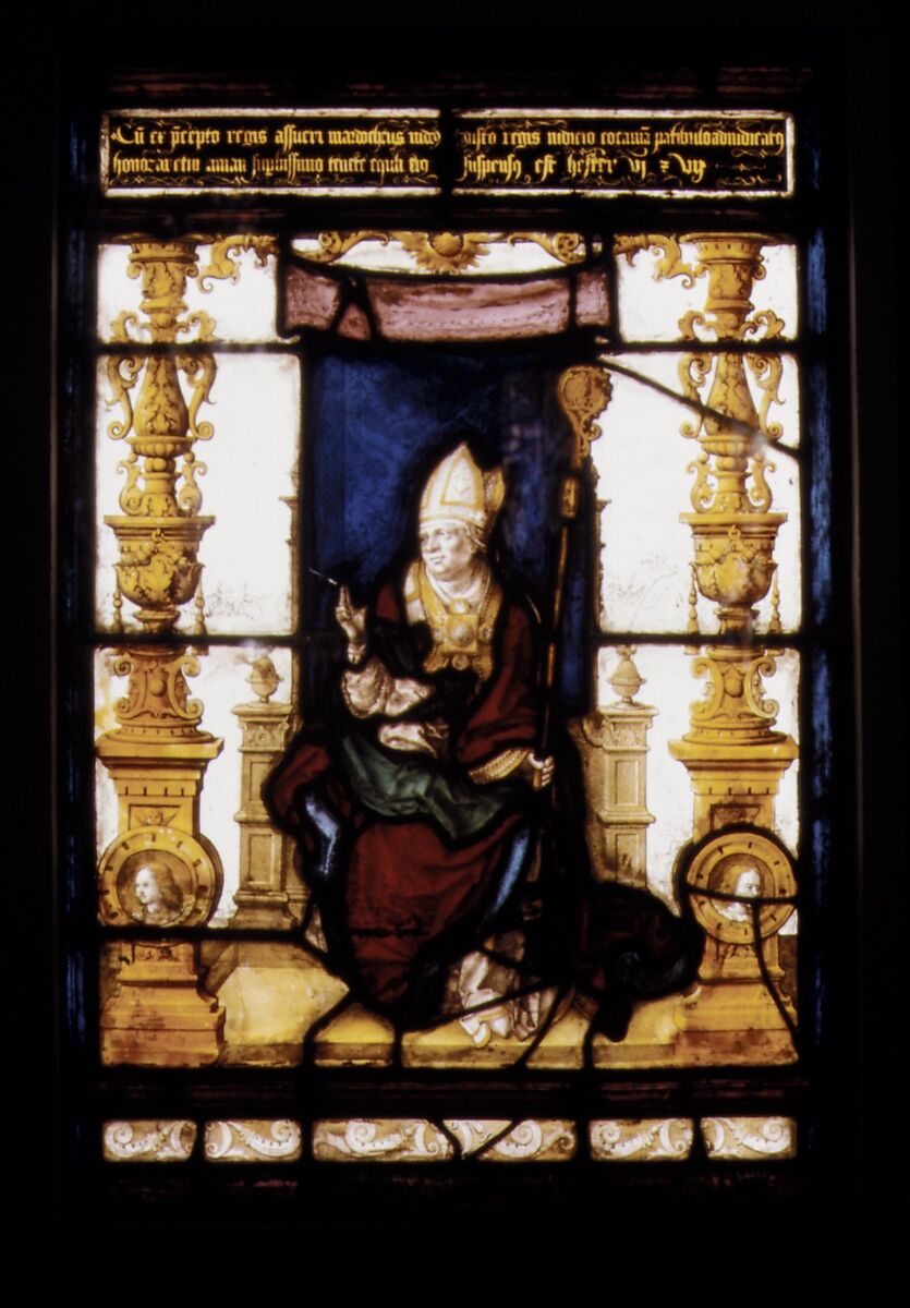 Panel depicting a seated bishop, Stained glass, Flemish, possibly Antwerp 