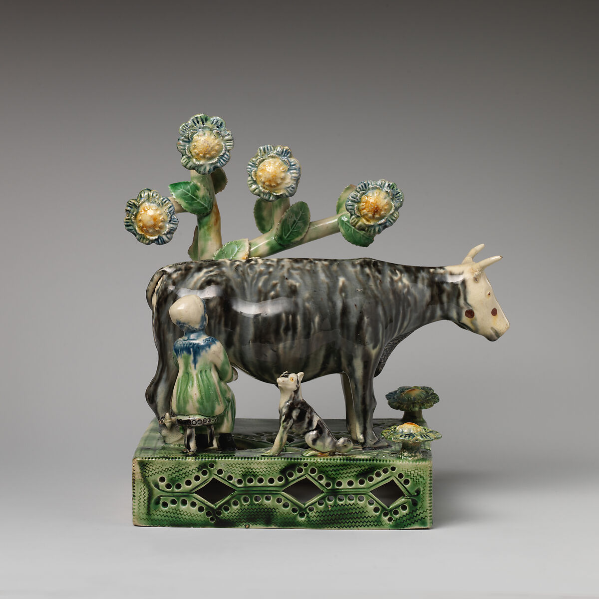 Milkmaid and cow with a dog, Style of Whieldon type, Lead-glazed earthenware, British, Staffordshire 