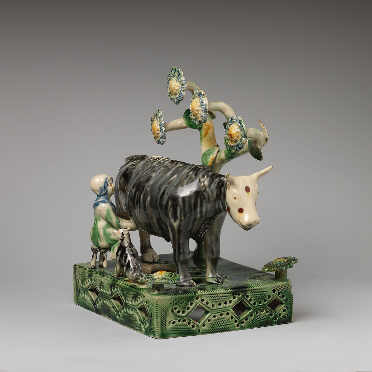 Milkmaid and cow with a dog, Style of Whieldon type, Lead-glazed earthenware, British, Staffordshire