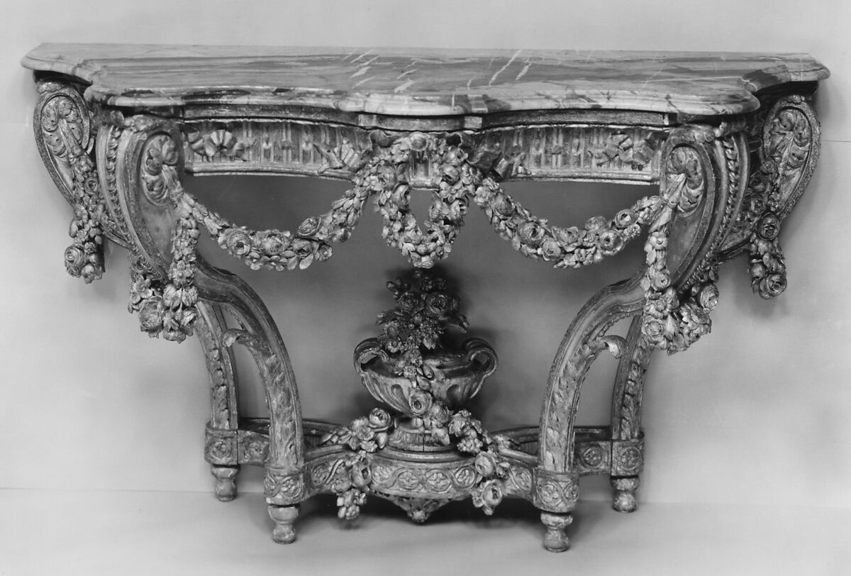 Console table (one of a pair), Carved and gilded oak; Sarrancolin marble top, French