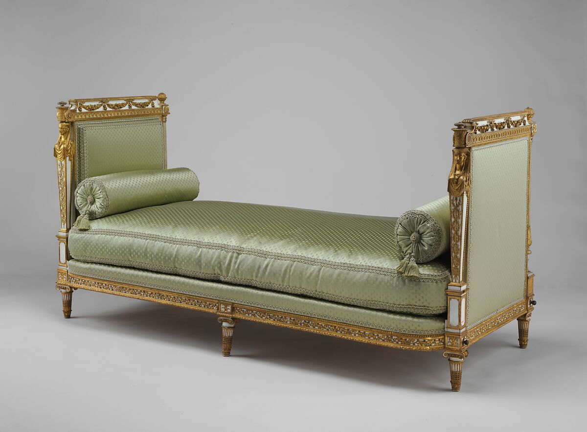 Daybed (Lit de repos or sultane) (part of a set), Jean-Baptiste-Claude Sené (1748–1803), Carved, painted and gilded walnut; modern cotton twill embroidered in silk, French, Paris