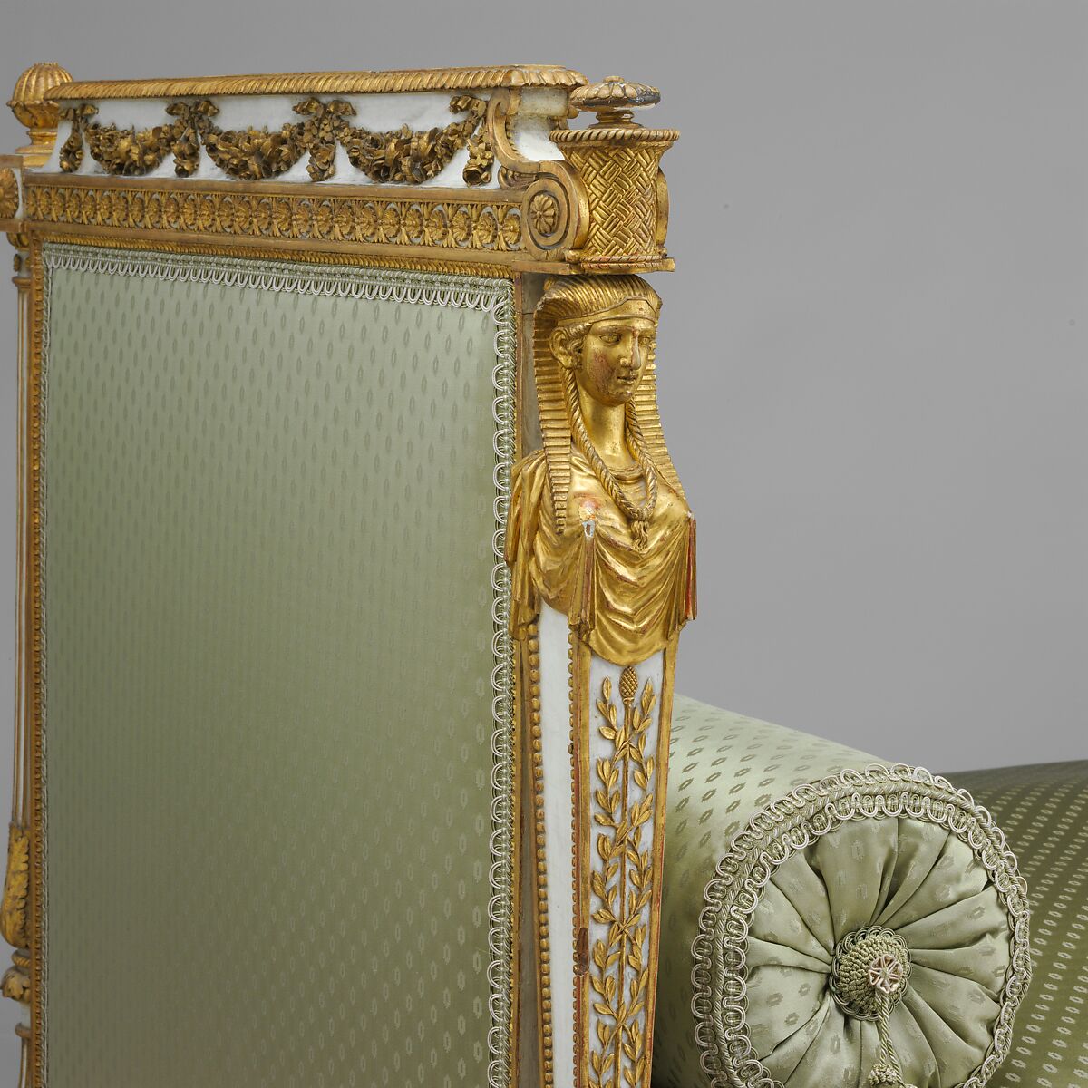 Daybed (Lit de repos or sultane) (part of a set), Jean-Baptiste-Claude Sené (1748–1803), Carved, painted and gilded walnut; modern cotton twill embroidered in silk, French, Paris