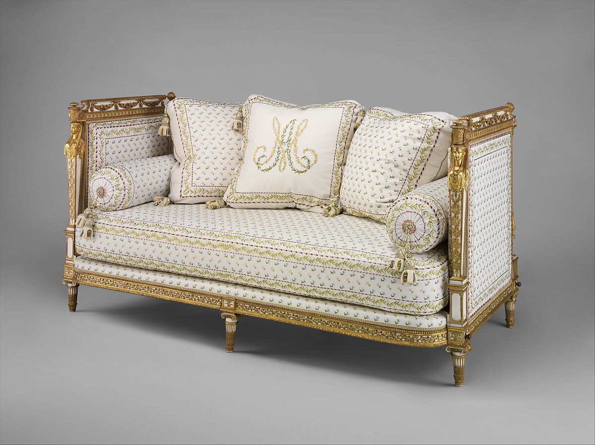 Daybed (Lit de repos or sultane) (part of a set), Jean-Baptiste-Claude Sené, Carved, painted and gilded walnut; modern cotton twill embroidered in silk, French, Paris