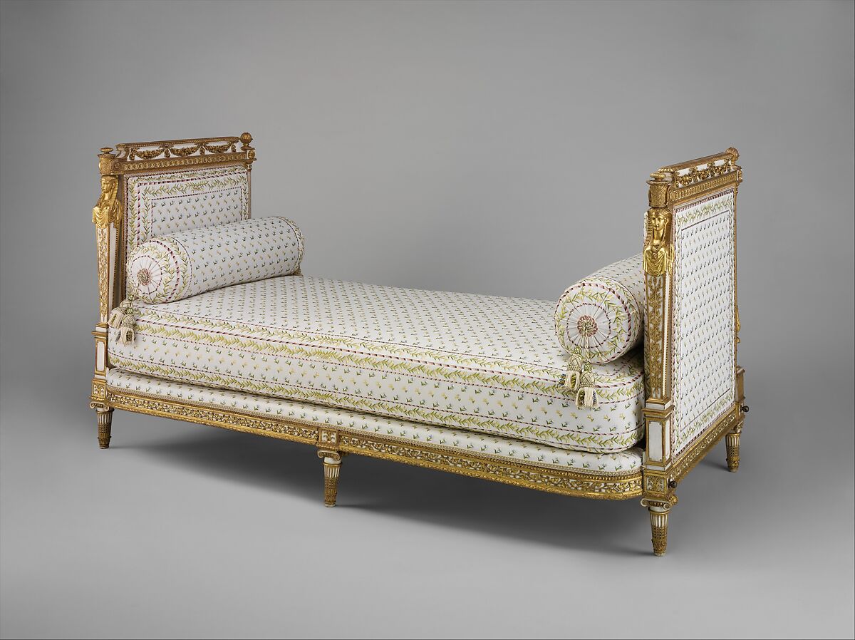 Daybed (Lit de repos or sultane) (part of a set), Jean-Baptiste-Claude Sené (1748–1803), Carved, painted and gilded walnut; modern cotton twill embroidered in silk, French, Paris