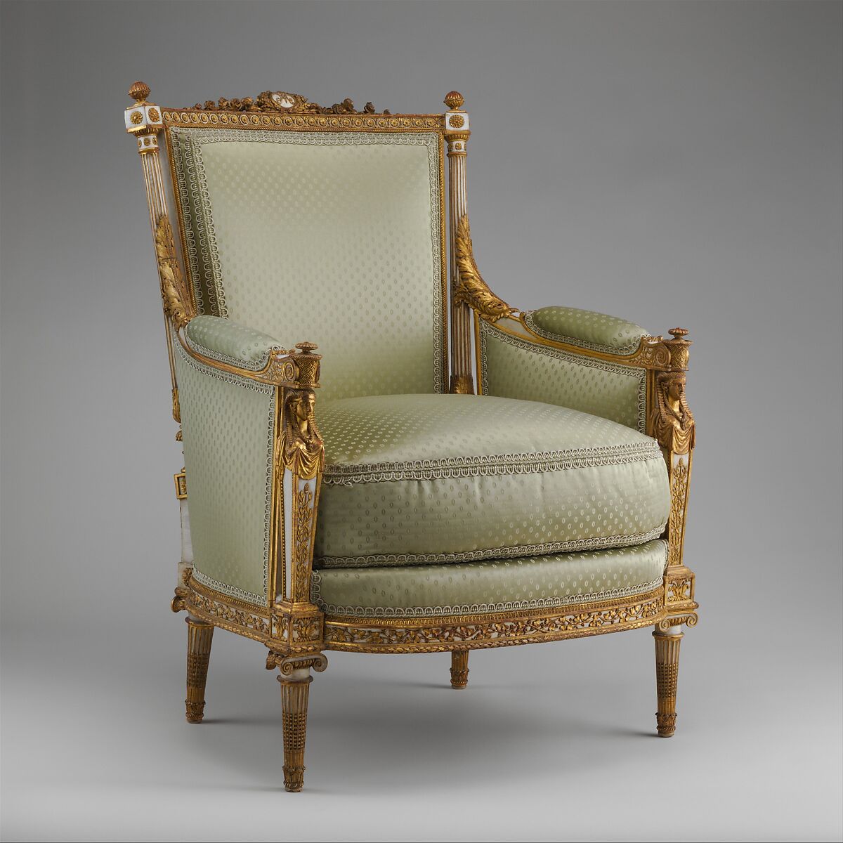 Armchair (bergère) (part of a set), Jean-Baptiste-Claude Sené (1748–1803), Carved, painted and gilded walnut; modern cotton twill embroidered in silk, French, Paris