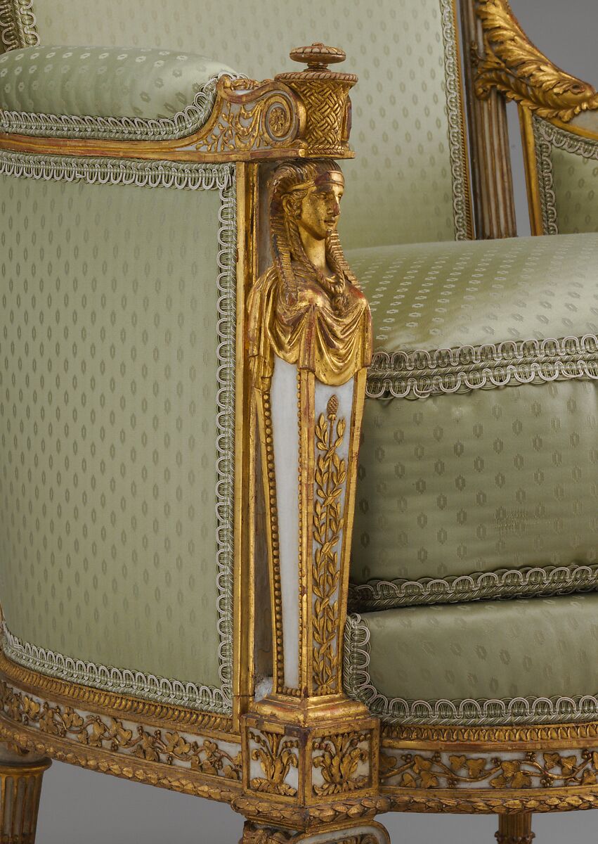 Armchair (bergère) (part of a set), Jean-Baptiste-Claude Sené (1748–1803), Carved, painted and gilded walnut; modern cotton twill embroidered in silk, French, Paris